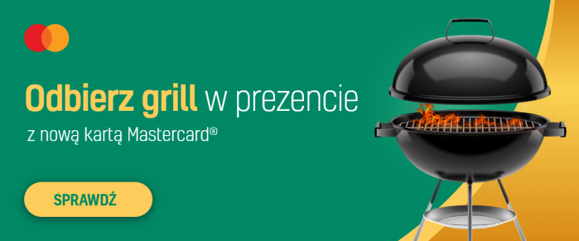 Grafika promocyjna ze zdjęciem grilla i hasłem: Odbierz grill w prezencie z nową kartą MasterCard. Sprawdź